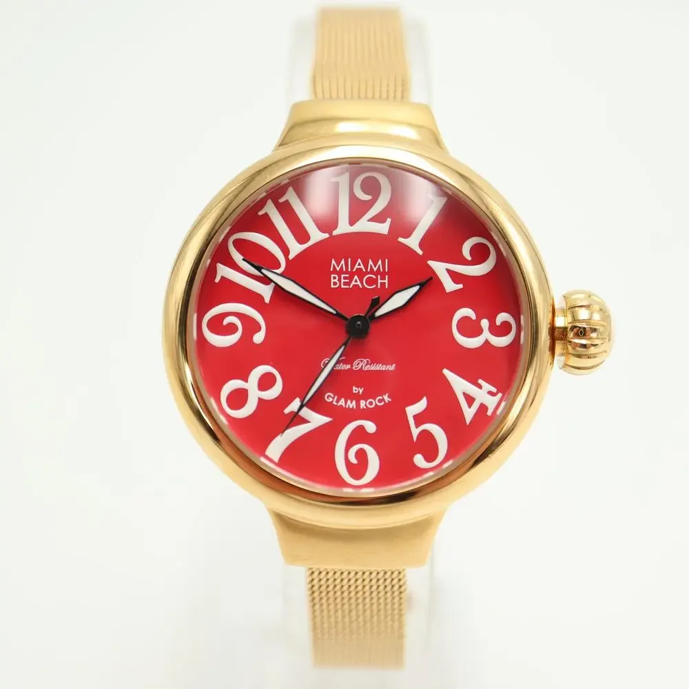Miami Beach Glam Rock Gold Tone 36mm Red Womens Watch Mesh Band w New Battery